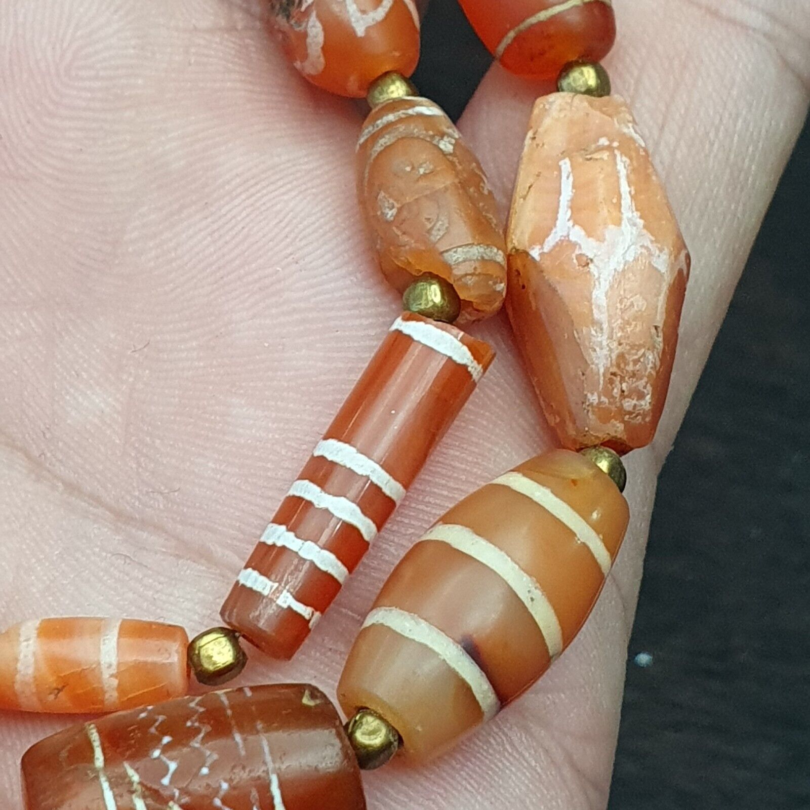 Antique Ancient Tibetan Himalayan Etched Agate Longevity Dzi Beads MALA Necklace