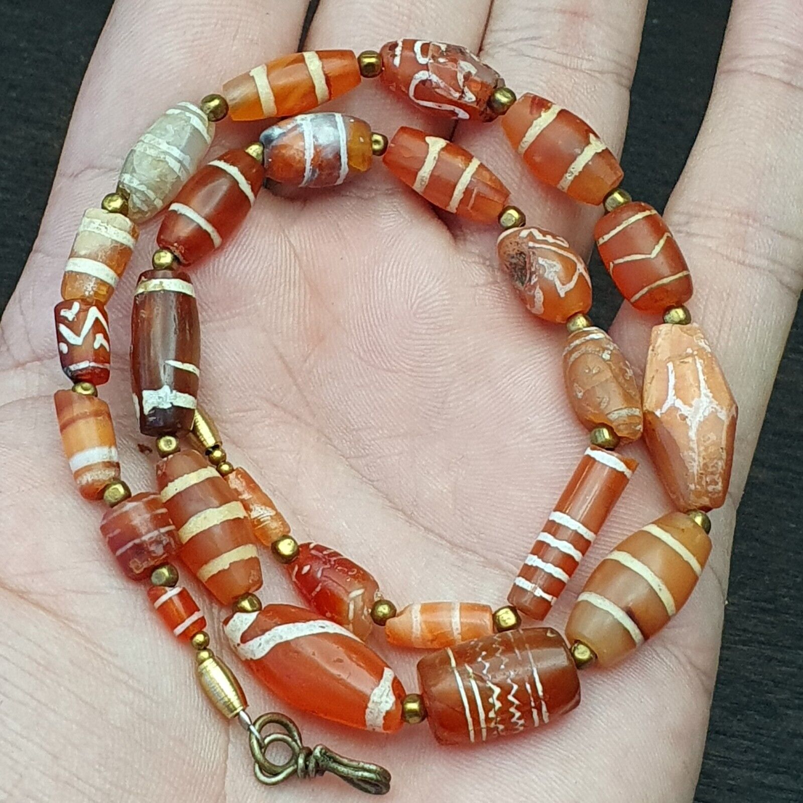 Antique Ancient Tibetan Himalayan Etched Agate Longevity Dzi Beads MALA Necklace