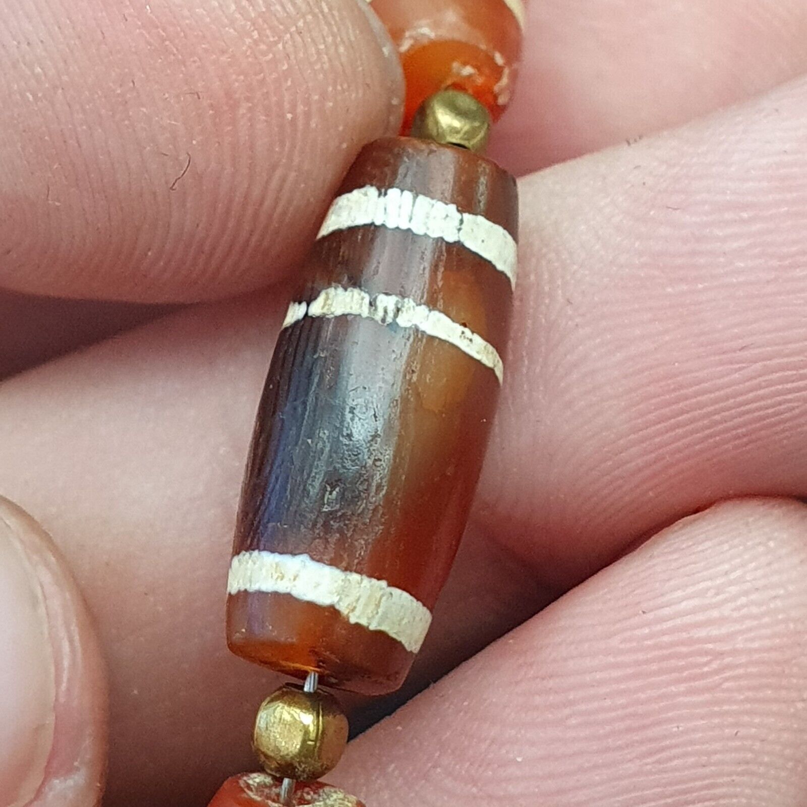Antique Ancient Tibetan Himalayan Etched Agate Longevity Dzi Beads MALA Necklace