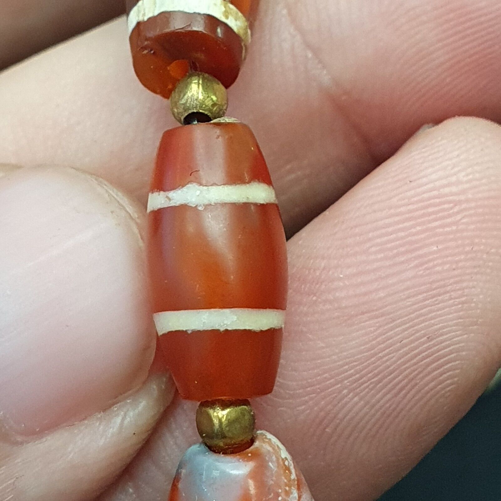 Antique Ancient Tibetan Himalayan Etched Agate Longevity Dzi Beads MALA Necklace