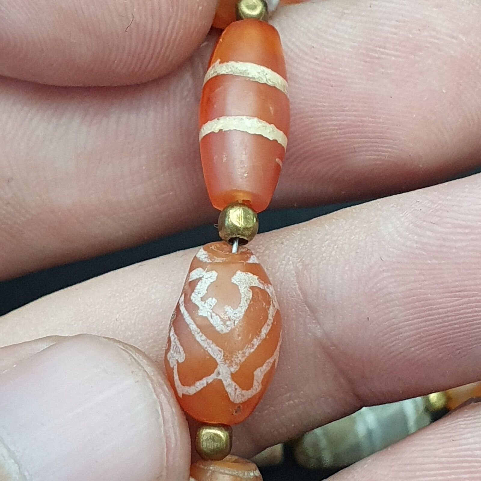 Antique Ancient Tibetan Himalayan Etched Agate Longevity Dzi Beads MALA Necklace