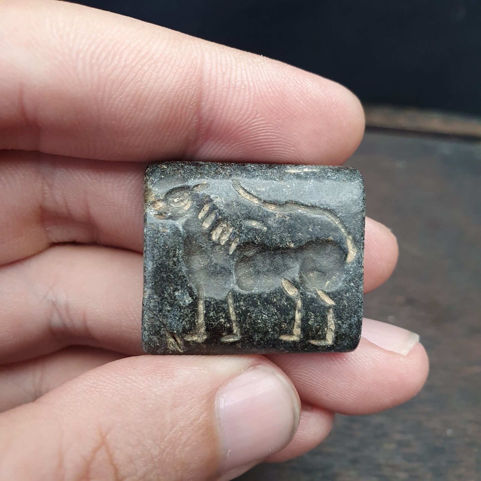 Ancient Black Stone 2 Sided figures of mystical Animal Intaglio Bead Amulet