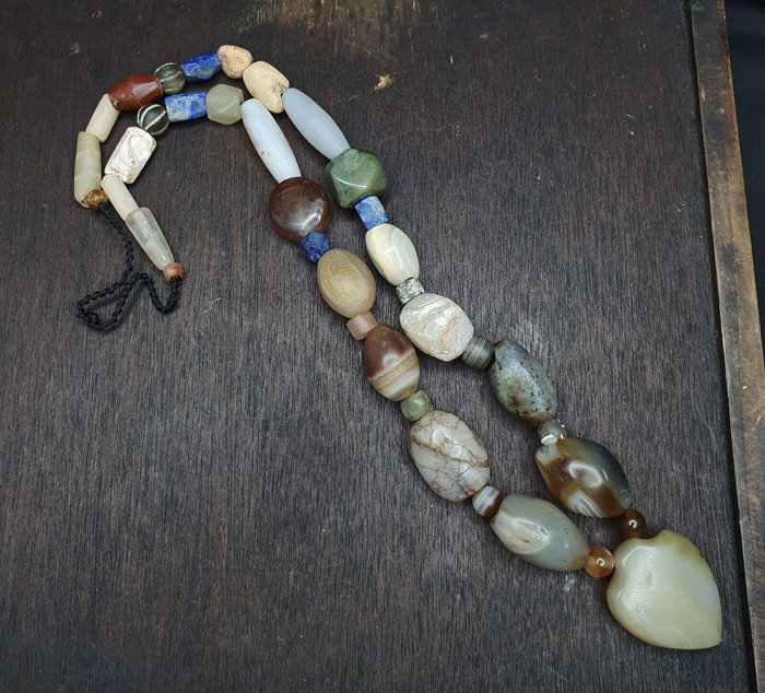 Ancient Indo Tibetan Suleimani Agate Jade Lapis Longevity Beads Mala Necklace