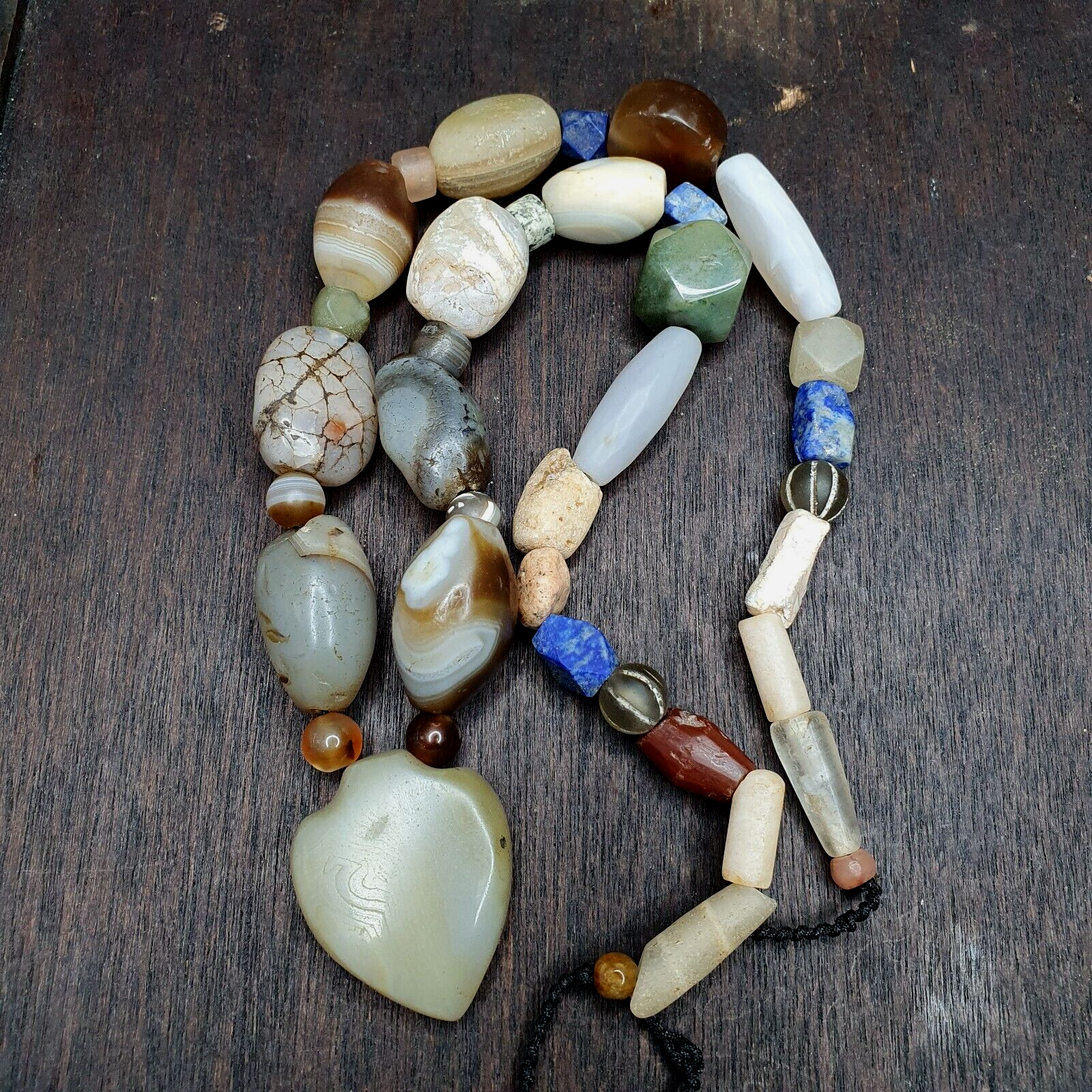 Ancient Indo Tibetan Suleimani Agate Jade Lapis Longevity Beads MALA Necklace