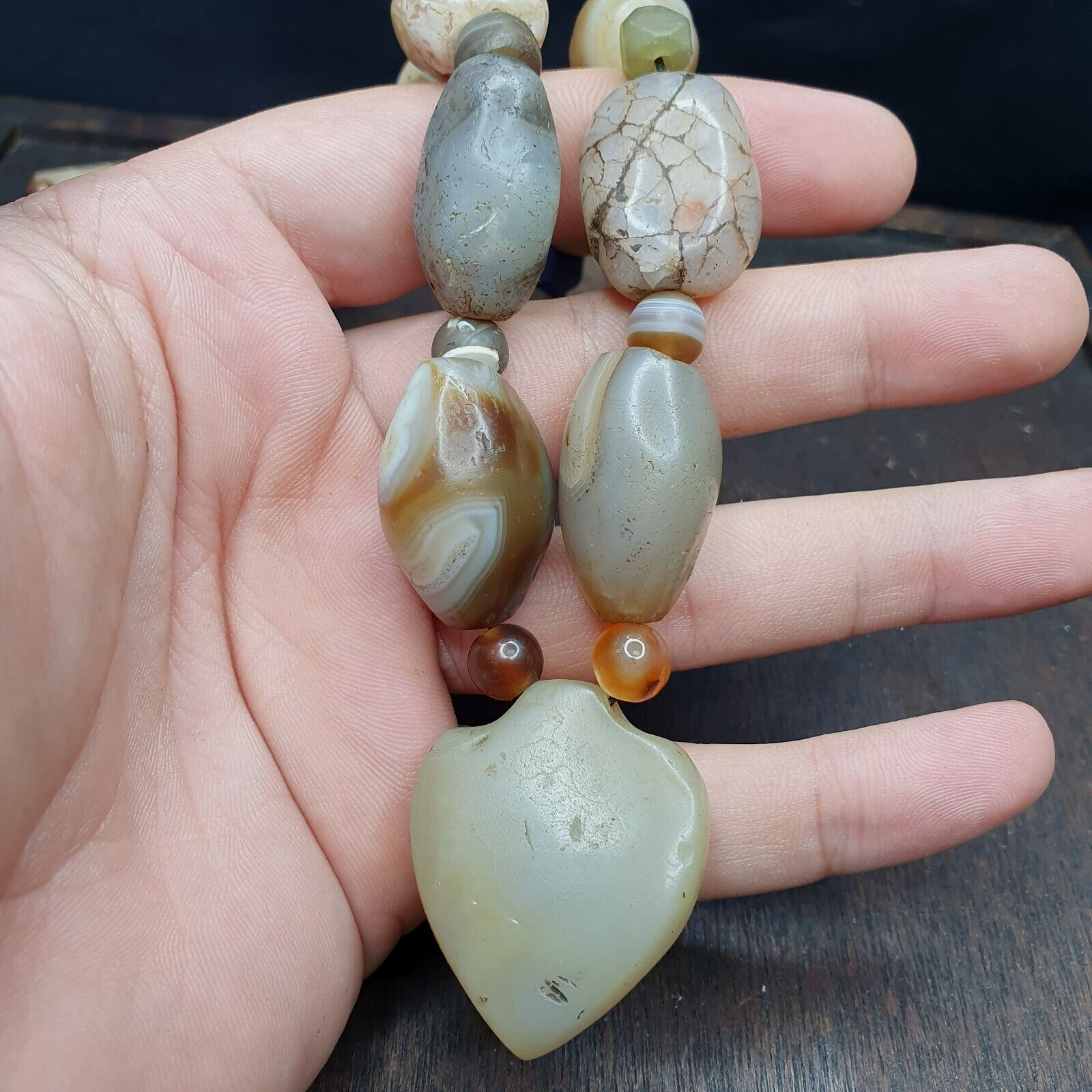 Ancient Indo Tibetan Suleimani Agate Jade Lapis Longevity Beads MALA Necklace