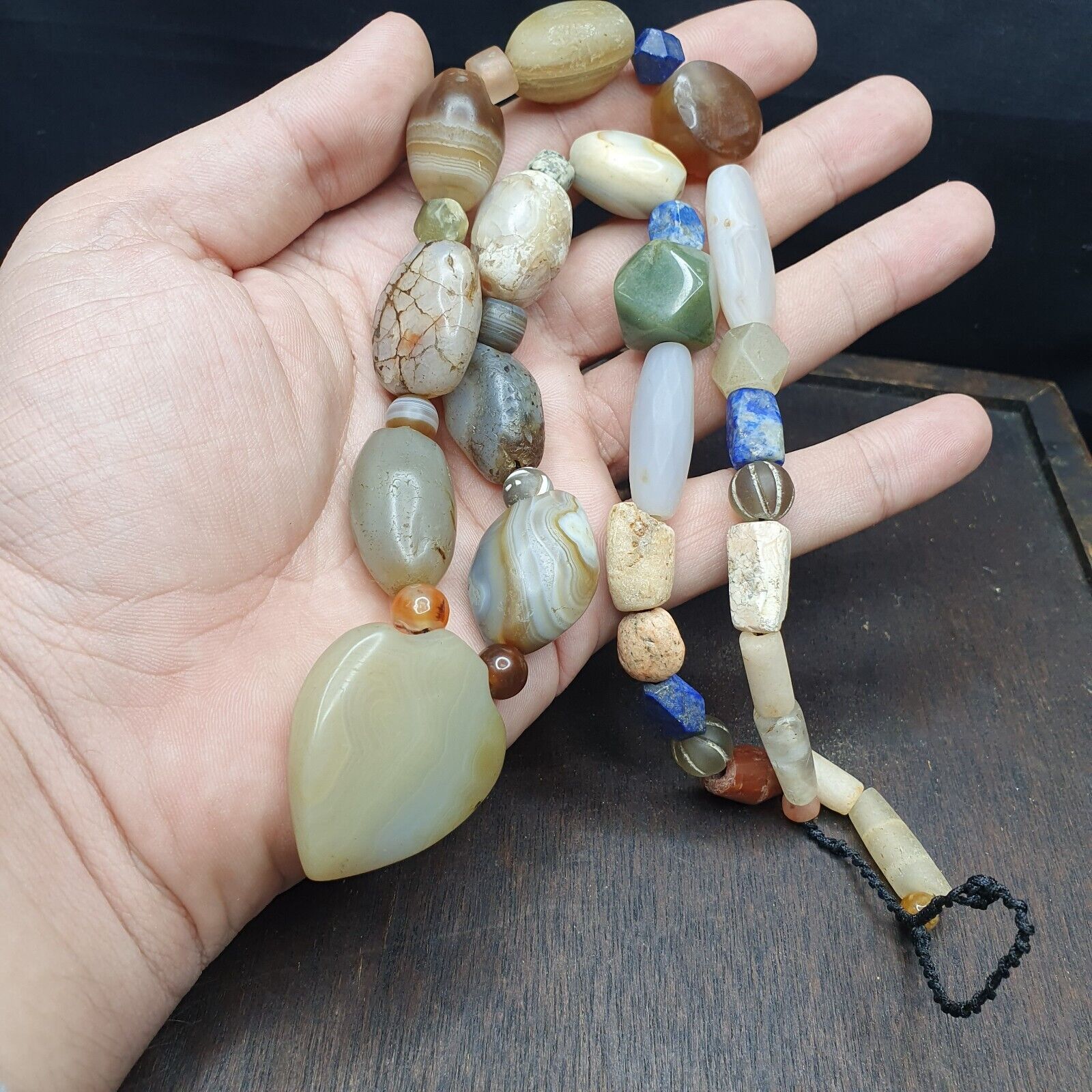 Ancient Indo Tibetan Suleimani Agate Jade Lapis Longevity Beads MALA Necklace