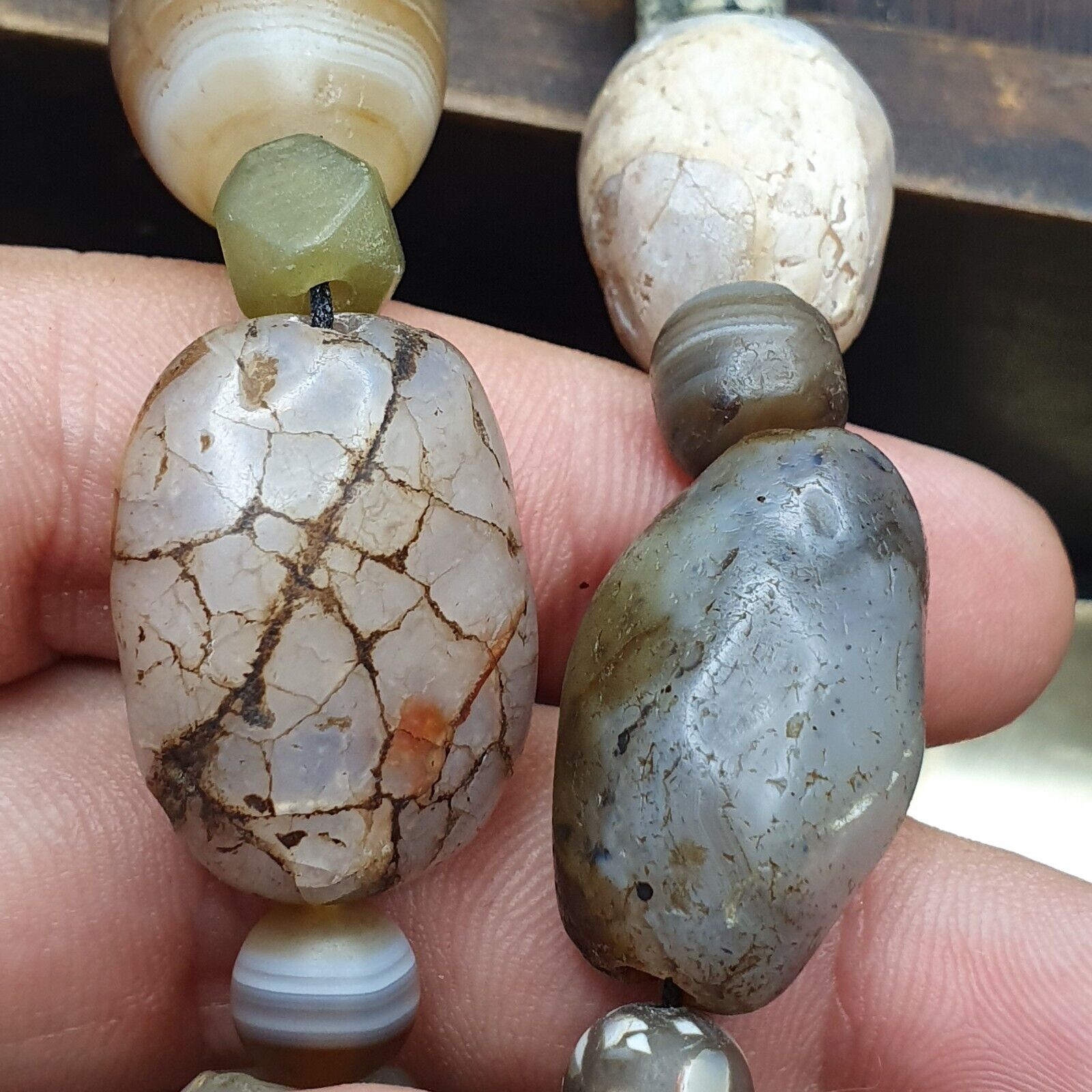 Ancient Indo Tibetan Suleimani Agate Jade Lapis Longevity Beads MALA Necklace