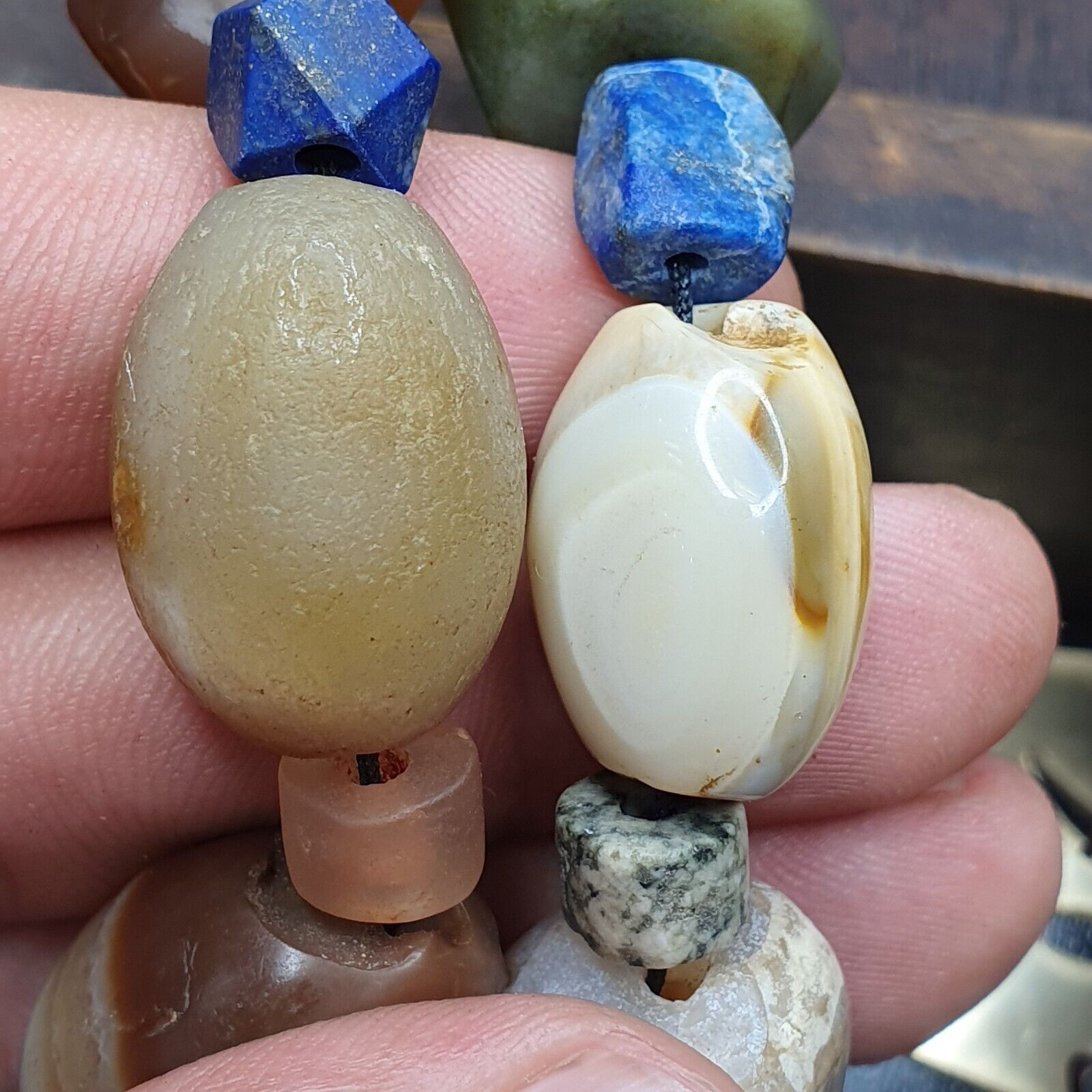 Ancient Indo Tibetan Suleimani Agate Jade Lapis Longevity Beads MALA Necklace
