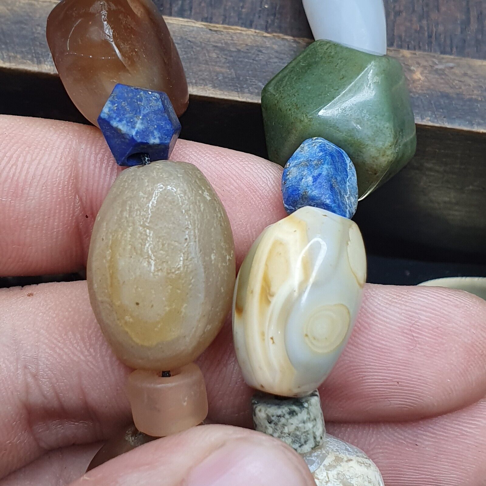 Ancient Indo Tibetan Suleimani Agate Jade Lapis Longevity Beads MALA Necklace