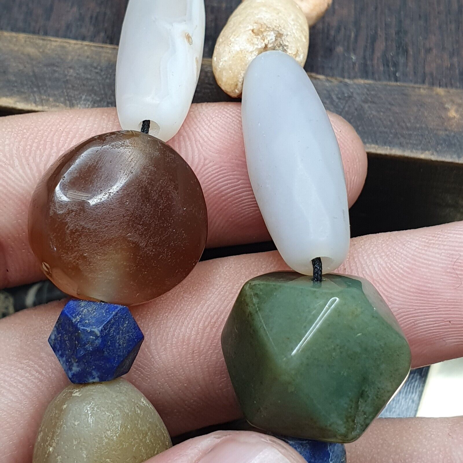 Ancient Indo Tibetan Suleimani Agate Jade Lapis Longevity Beads MALA Necklace