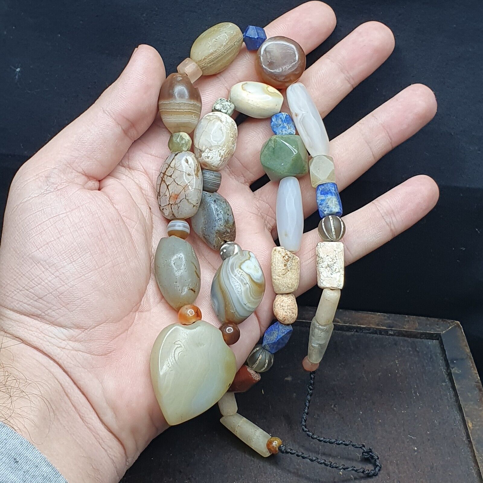 Ancient Indo Tibetan Suleimani Agate Jade Lapis Longevity Beads MALA Necklace