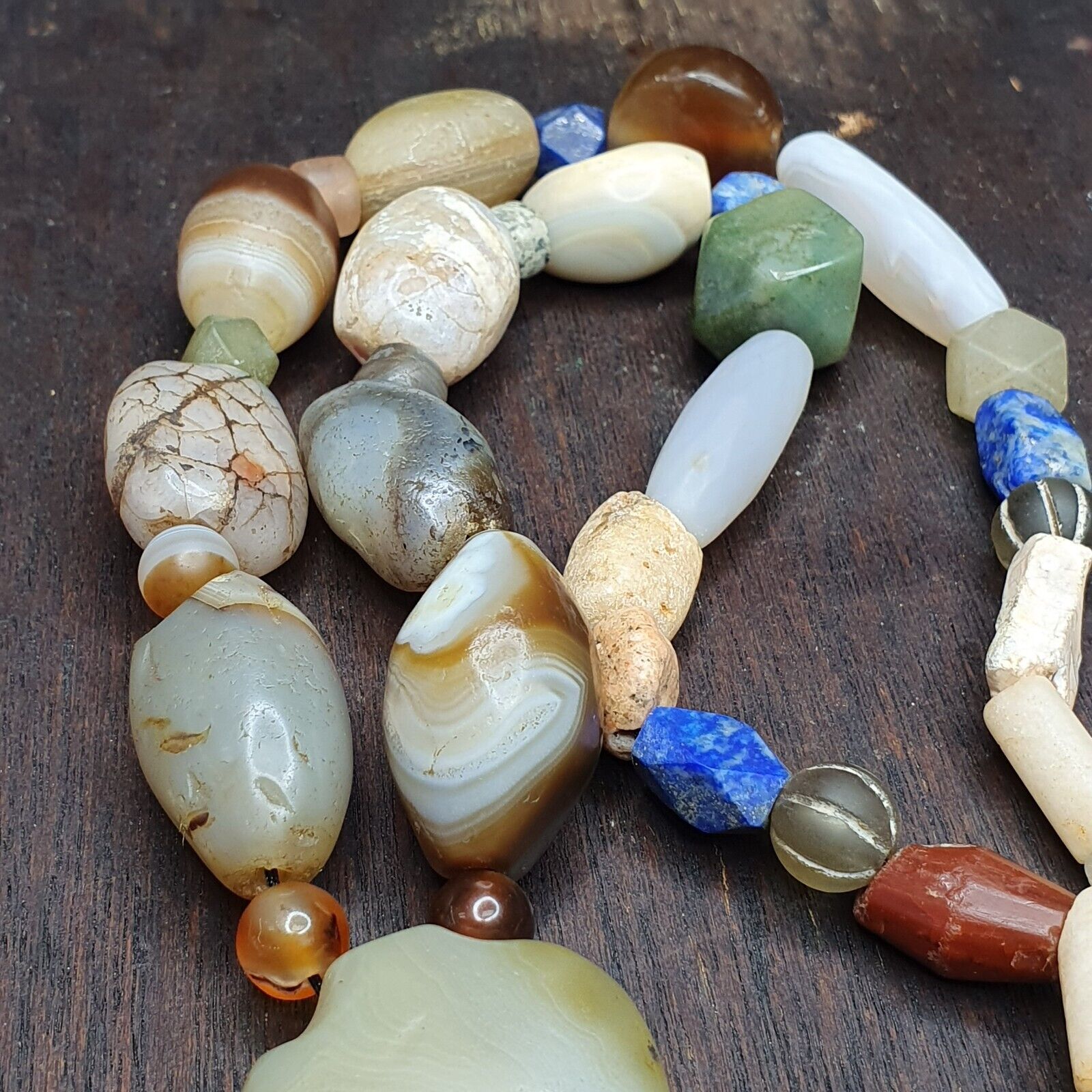 Ancient Indo Tibetan Suleimani Agate Jade Lapis Longevity Beads MALA Necklace