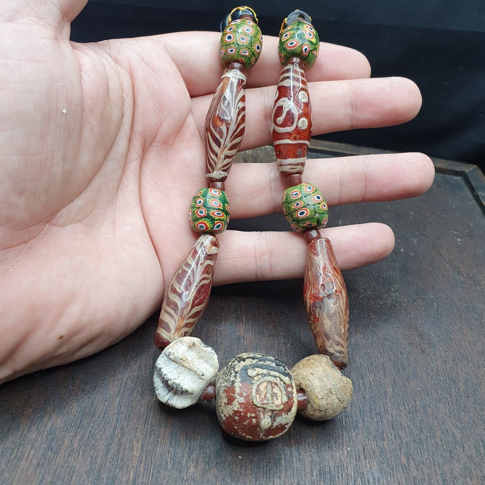 Ancient Antique Feather Glass beads MALA Old glass beads Necklace