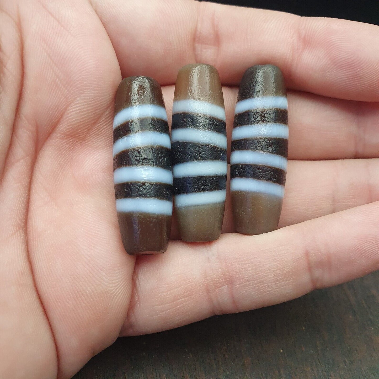 3 件裝復古喜馬拉雅印度西藏 4 條紋圖案天珠護身符珠