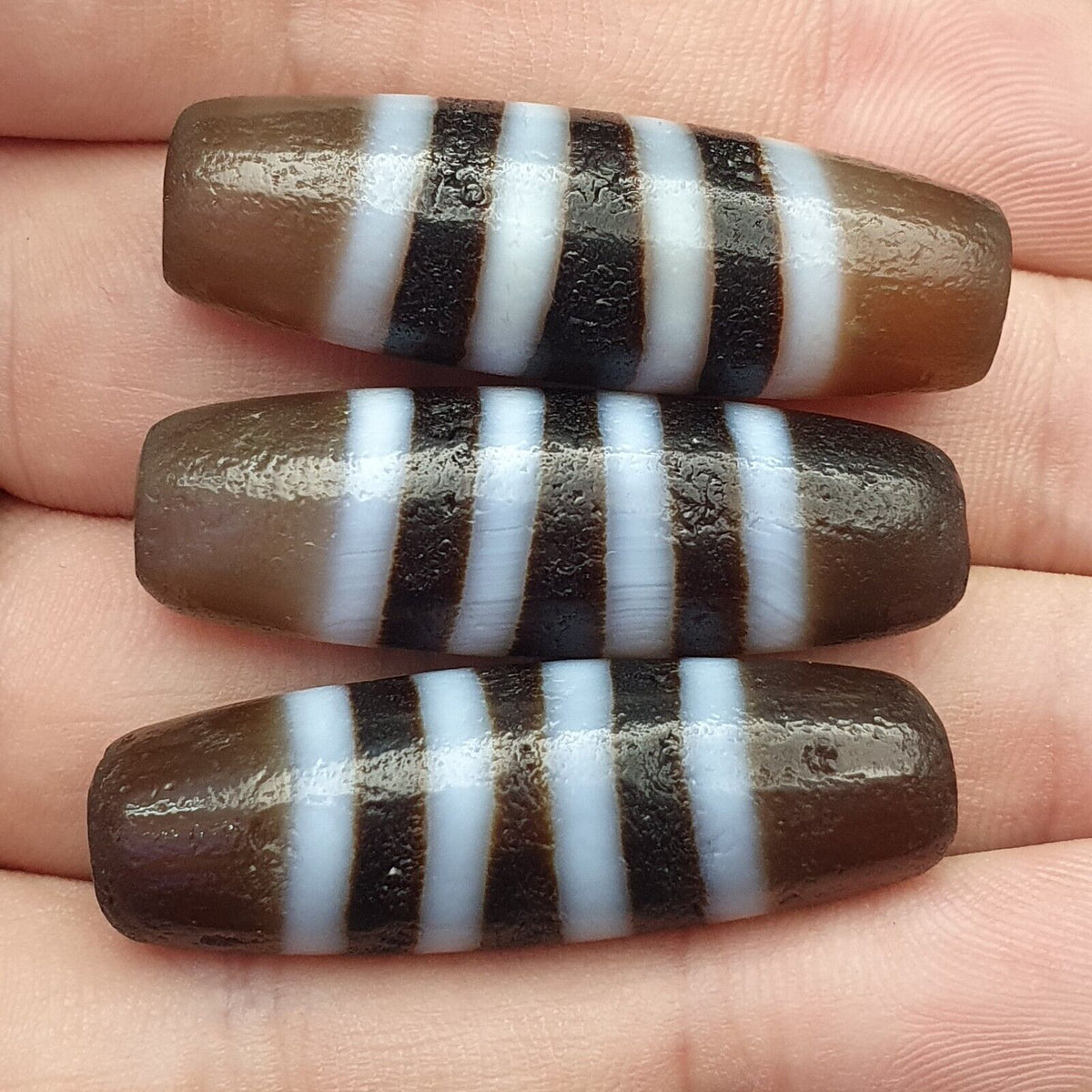 3 pcs Vintage Himalayan Indo Tibetan 4 Stripes Patterns  Dzi Amulet Beads