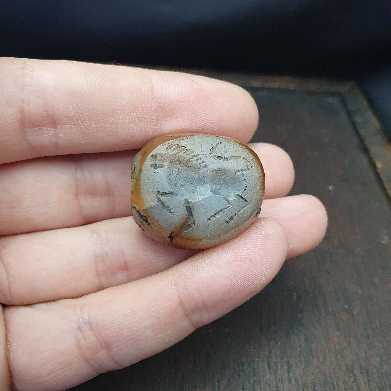 Genuine Ancient Agate Stamp Seal Intaglio Signet,Sassanian Engraved Pendant Bead