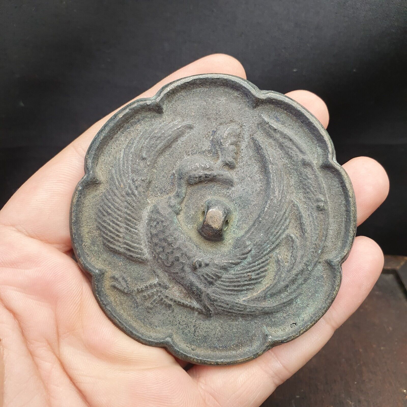 Early Antique China Chinese Bronze Hand Mirror - Bird Design Flower Shape 1700s?