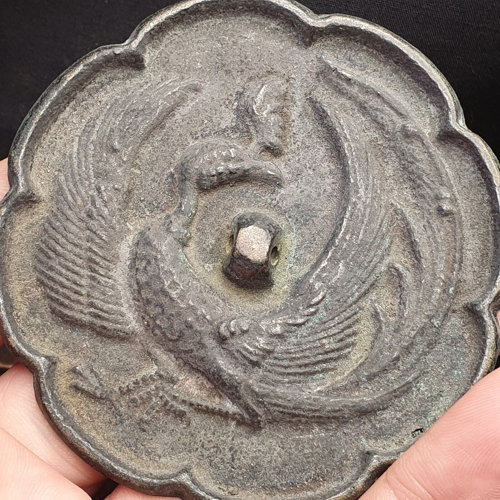 Early Antique China Chinese Bronze Hand Mirror - Bird Design Flower Shape 1700s?