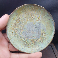 Signed Early Antique China Chinese Bronze Plate Leaf Design Flowers Round Shape