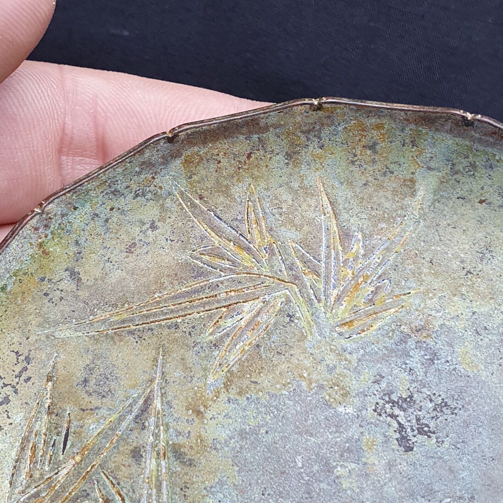 Signed Early Antique China Chinese Bronze Plate Leaf Design Flowers Round Shape