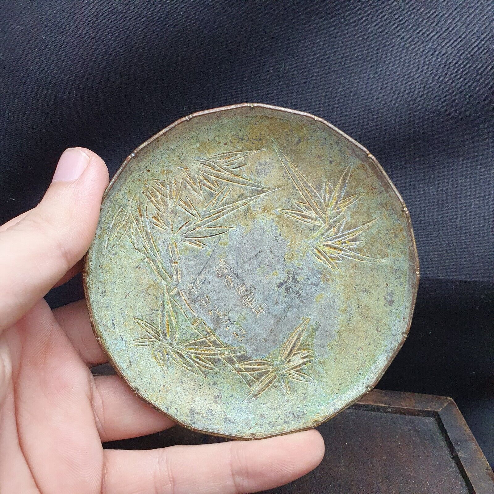 Signed Early Antique China Chinese Bronze Plate Leaf Design Flowers Round Shape