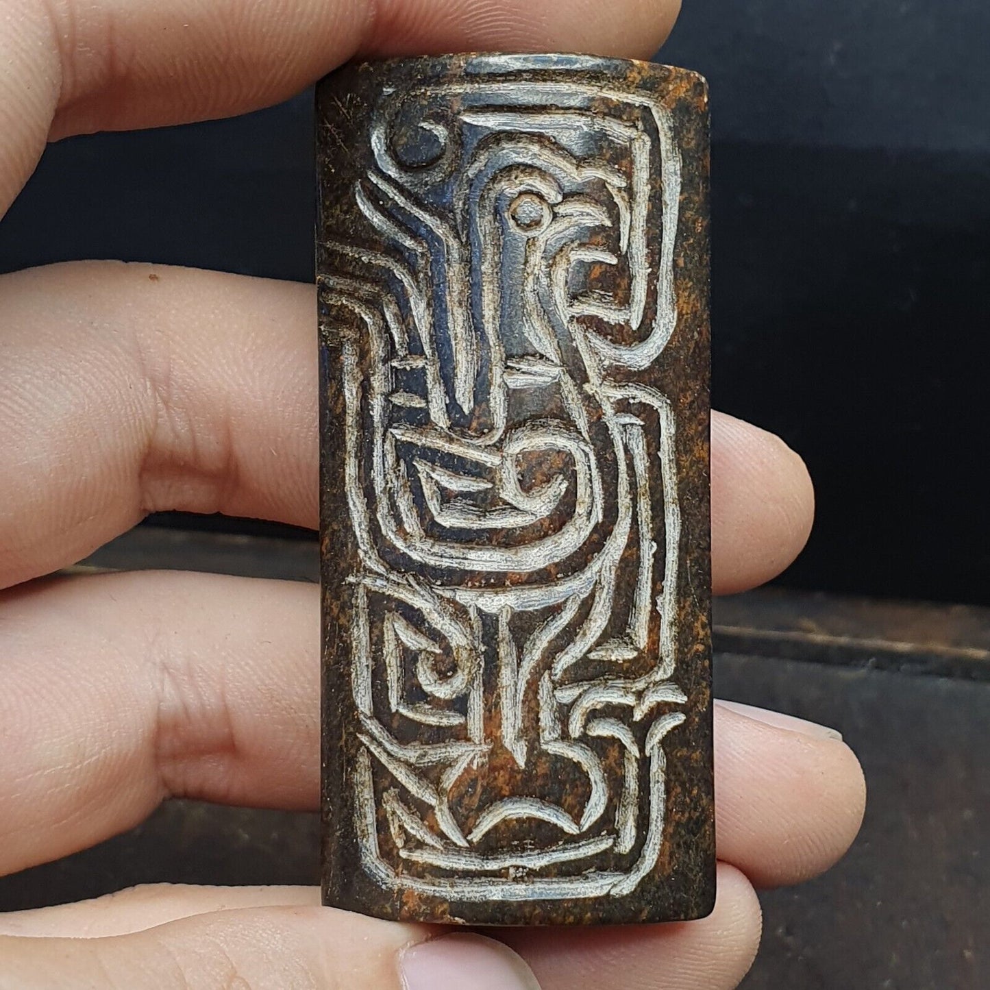 罕見古董中國玉石雙琮花瓶珠吊墜雕刻鳥