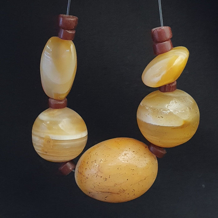 Lot 5 Ancient Antique Indo Himalayan Yellow Agate Soleimani Banded Agate Beads