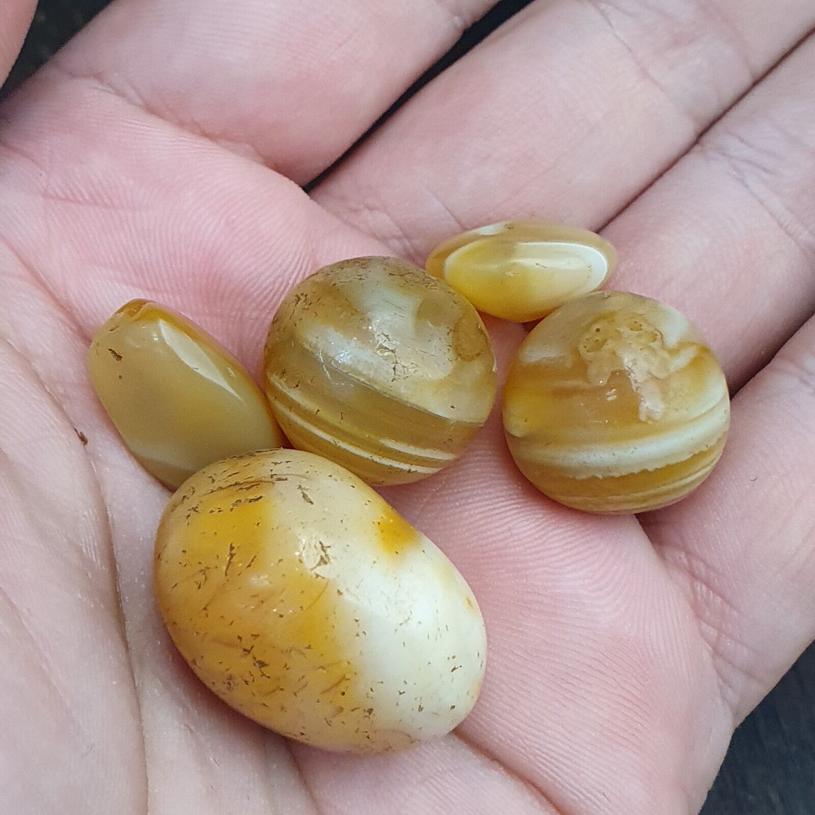 Lot 5 Ancient Antique INDO Himalayan yellow Agate Soleimani Banded Agate Beads