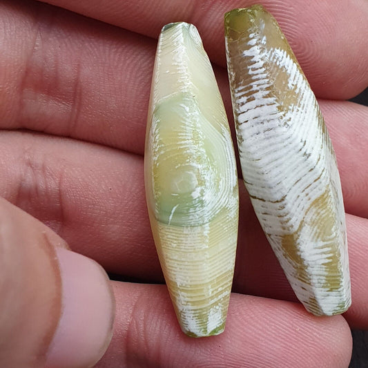 2 OLD Indo Tibetan Eyes Beads unique Patterns green Agate Dzi Amulet Beads