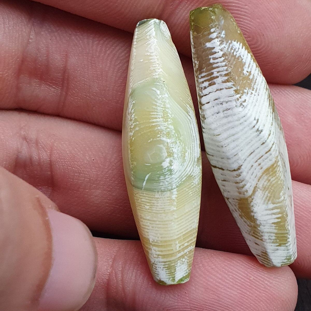 2 OLD Indo Tibetan Eyes Beads unique Patterns green Agate Dzi Amulet Beads