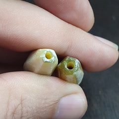 2 OLD Indo Tibetan Eyes Beads unique Patterns green Agate Dzi Amulet Beads