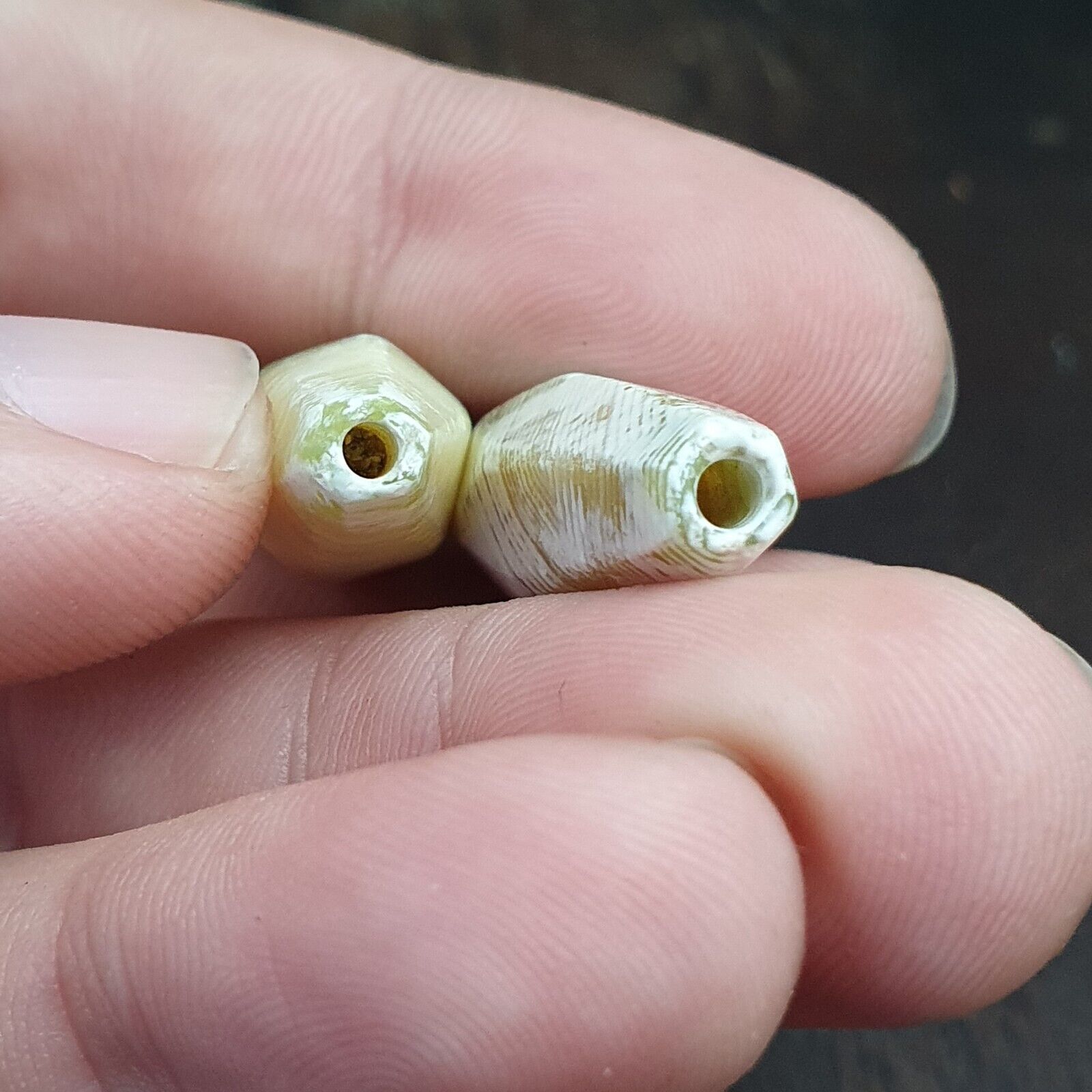2 OLD Indo Tibetan Eyes Beads unique Patterns green Agate Dzi Amulet Beads