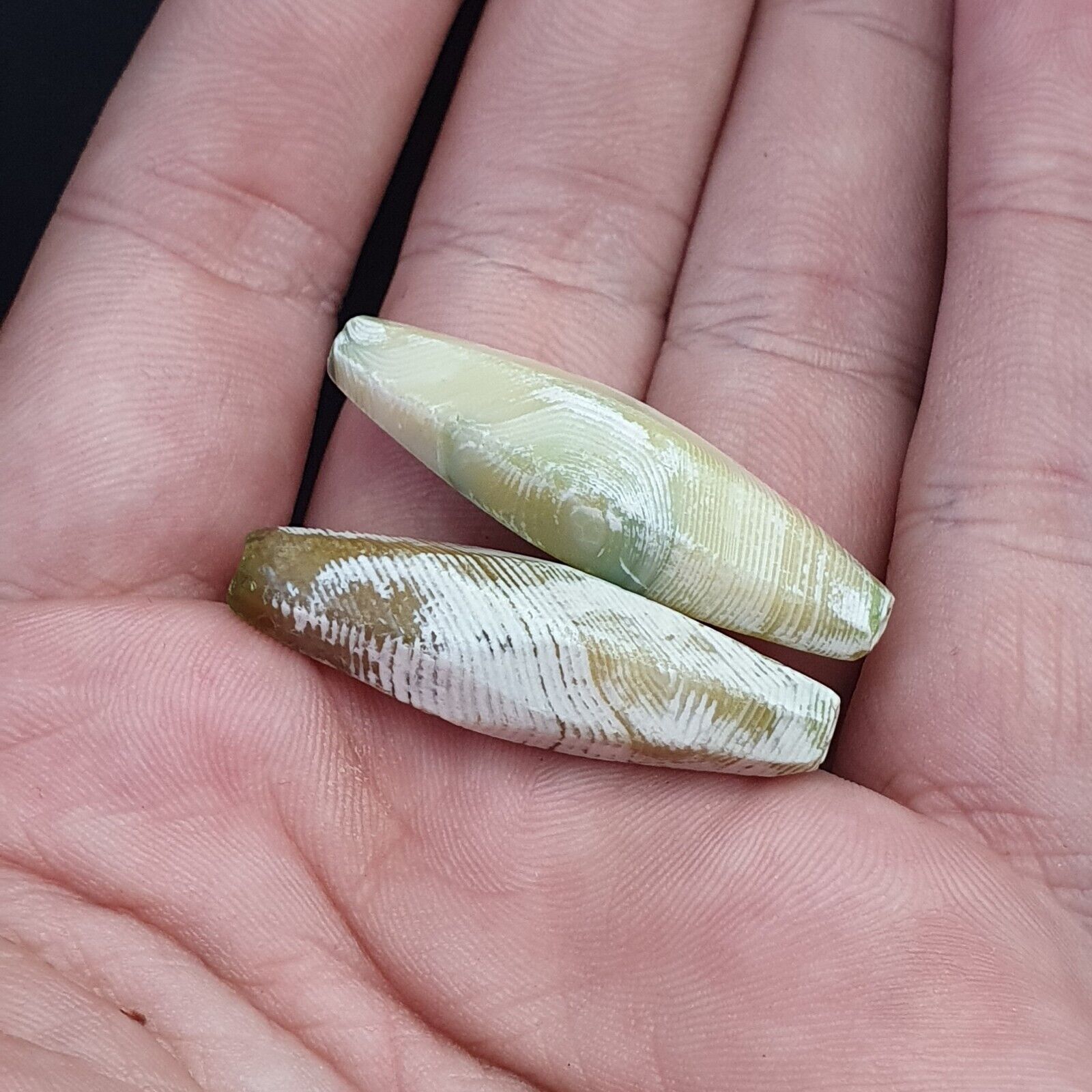 2 OLD Indo Tibetan Eyes Beads unique Patterns green Agate Dzi Amulet Beads