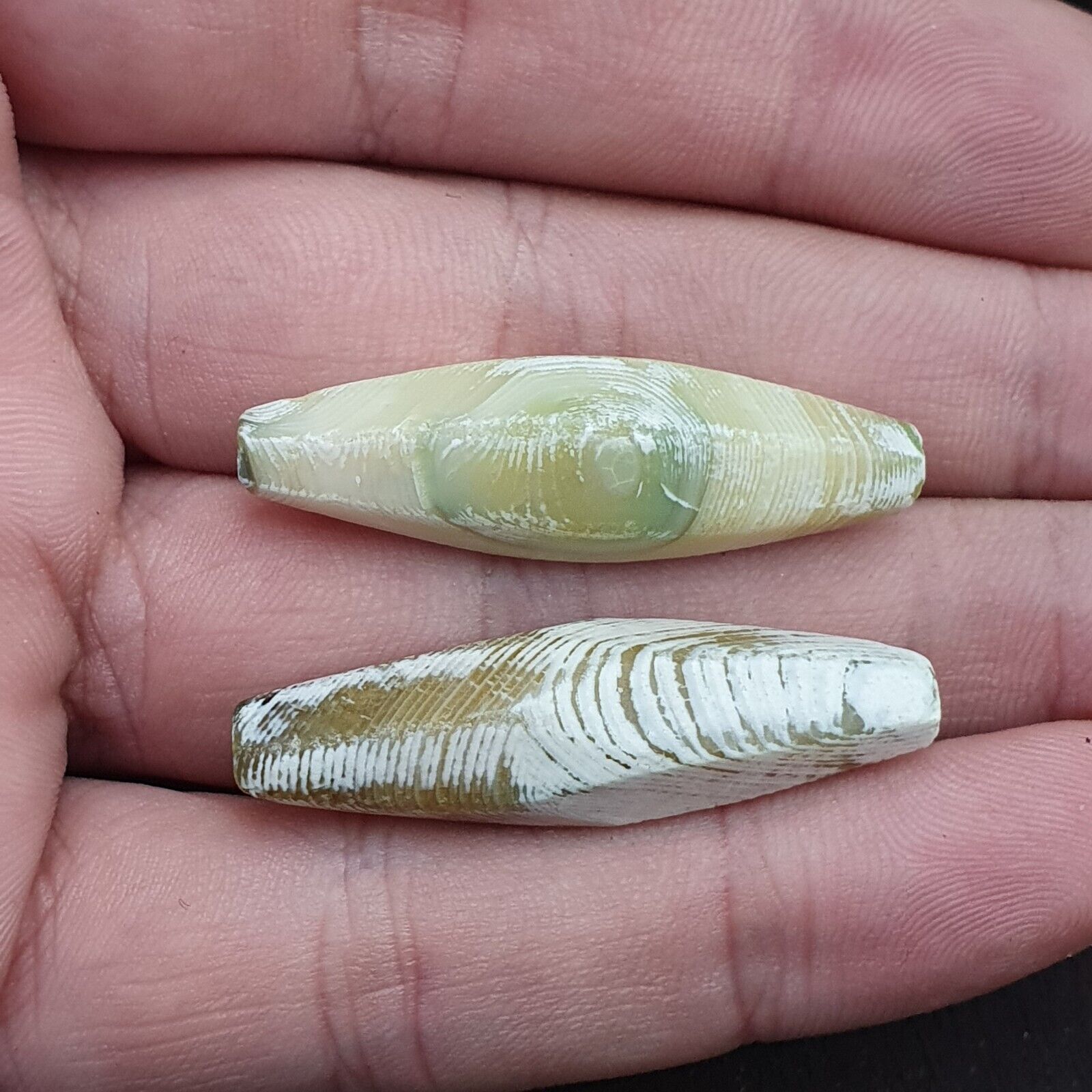 2 OLD Indo Tibetan Eyes Beads unique Patterns green Agate Dzi Amulet Beads