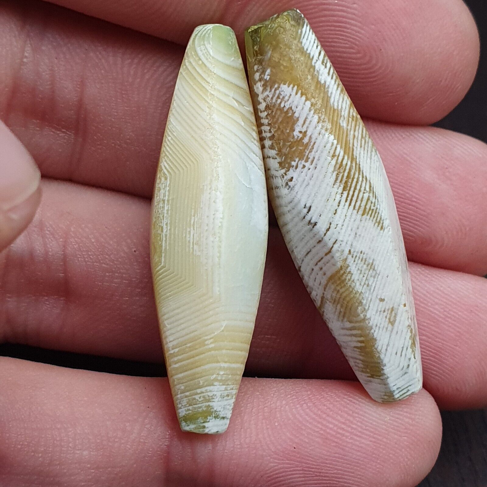 2 OLD Indo Tibetan Eyes Beads unique Patterns green Agate Dzi Amulet Beads
