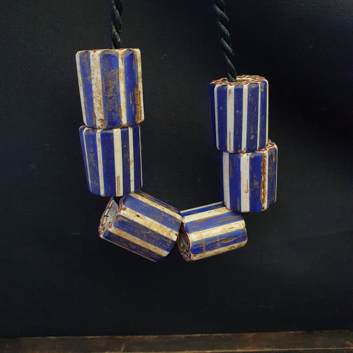 6 Antique Venetian Trade African Blue Glass Chevron Beads Big Hole Beads
