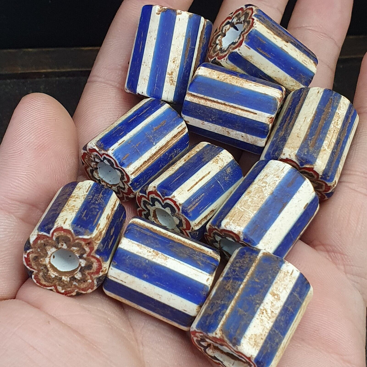 Antique Venetian Trade African Blue Glass Chevron Beads Lot 10 Beads