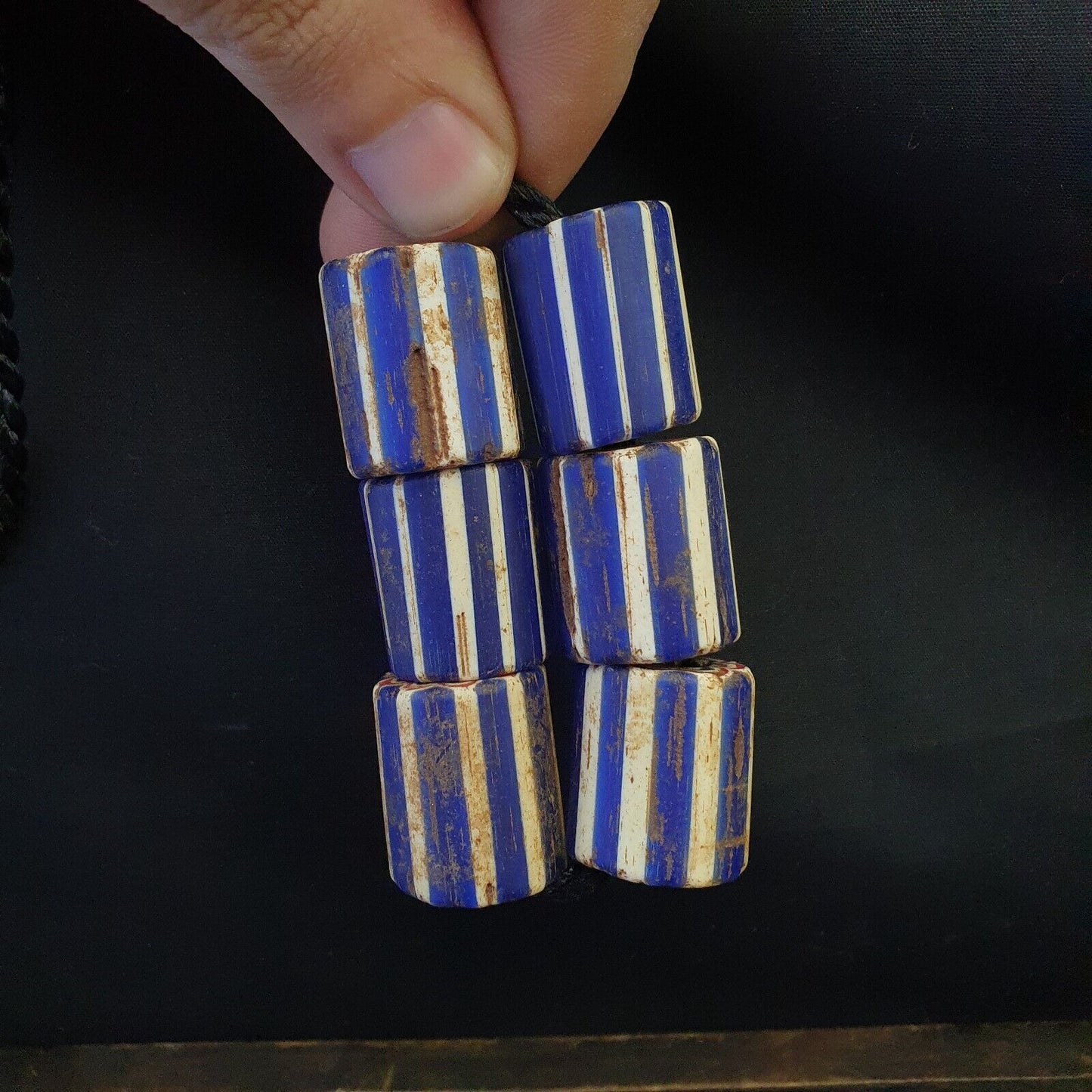 6 顆古董威尼斯貿易非洲藍色玻璃 V 形珠大孔珠