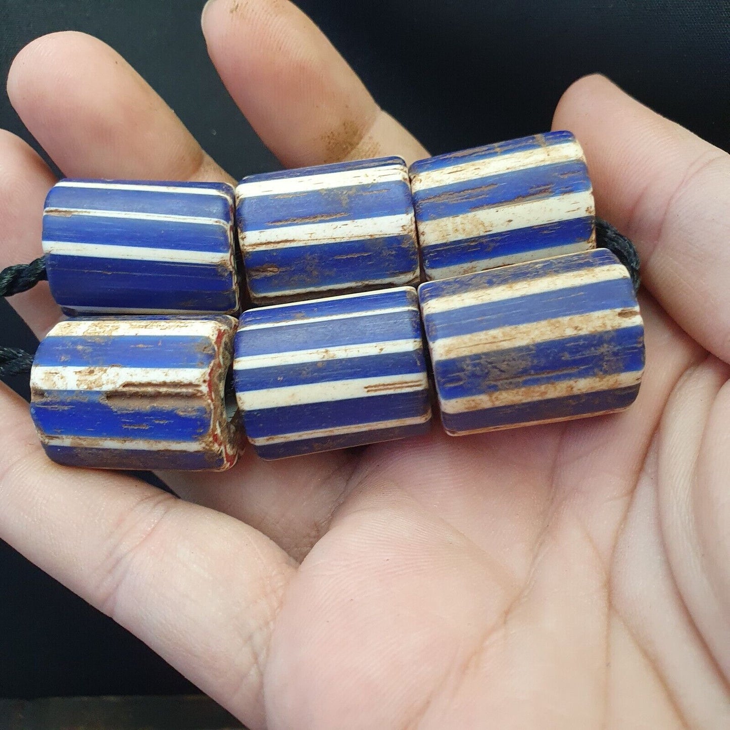 6 顆古董威尼斯貿易非洲藍色玻璃 V 形珠大孔珠