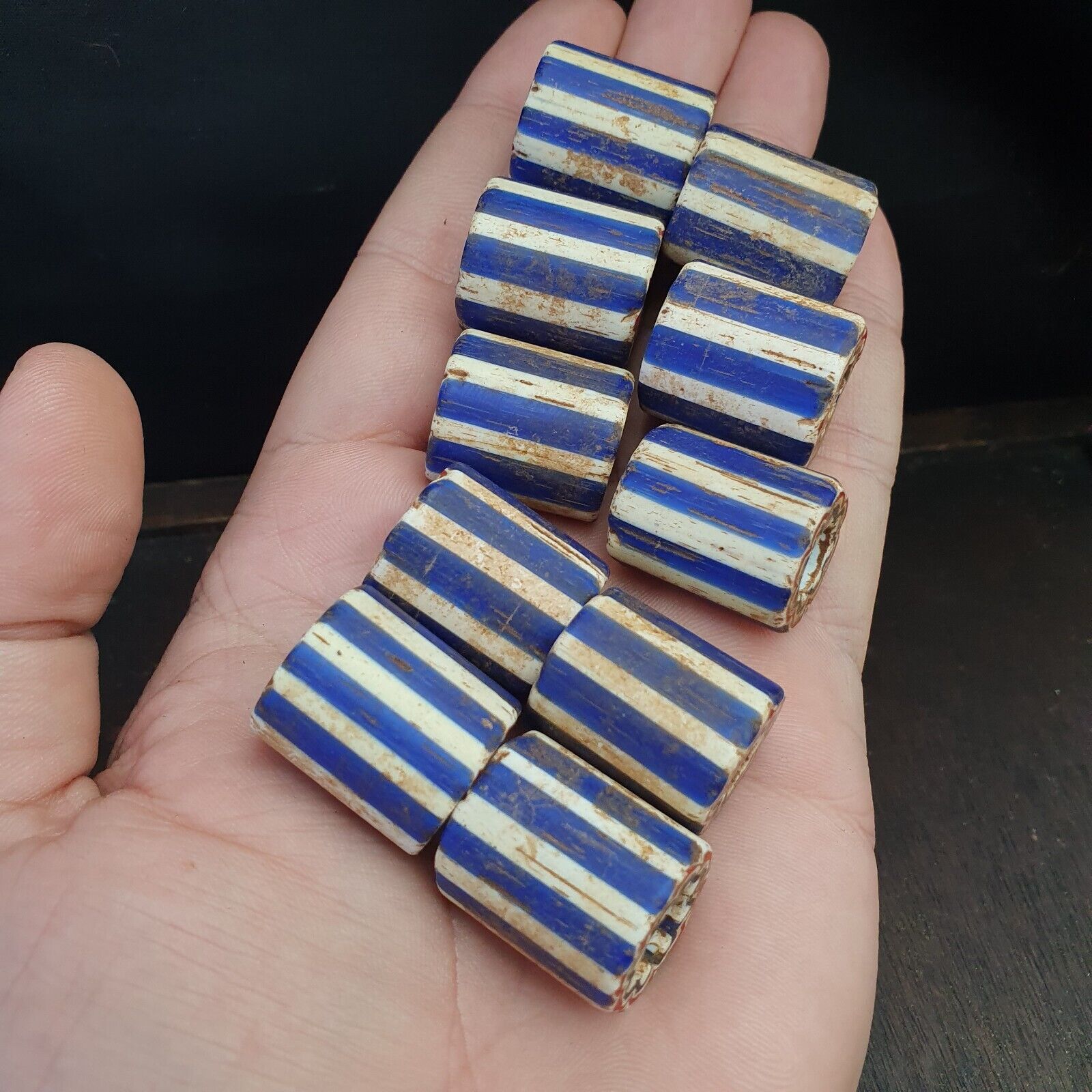 Antique Venetian Trade African Blue Glass Chevron Beads Lot 10 Beads