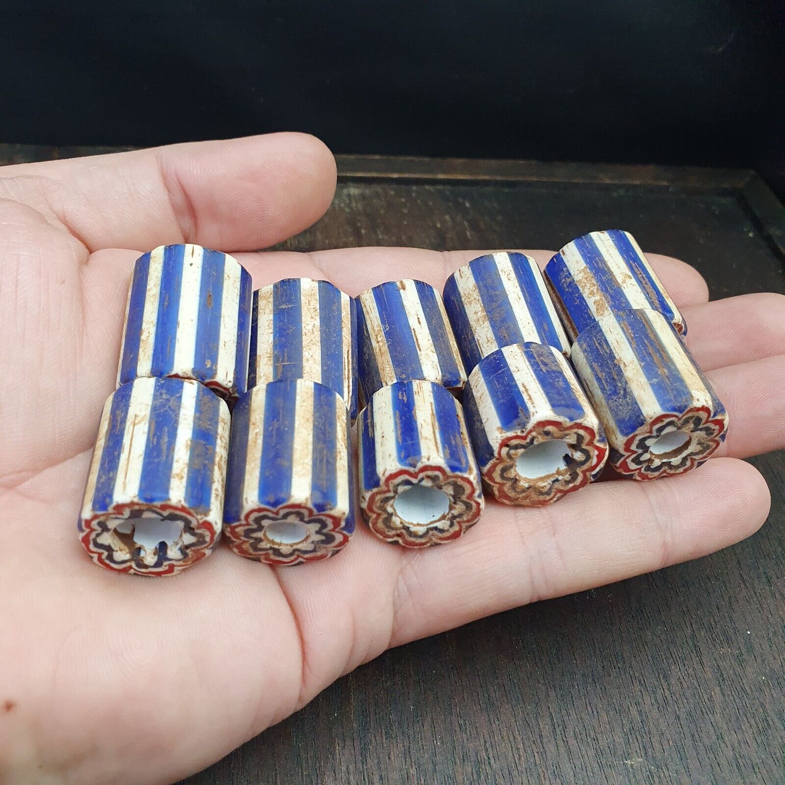 Antique Venetian Trade African Blue Glass Chevron Beads Lot 10 Beads