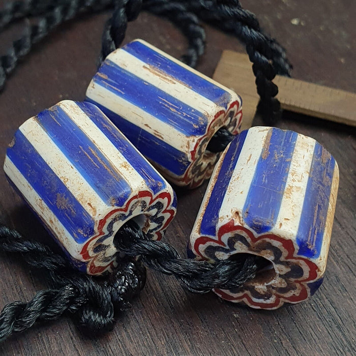 3 Beads Antique Venetian Trade African Blue Glass Chevron Beads Big Hole Beads