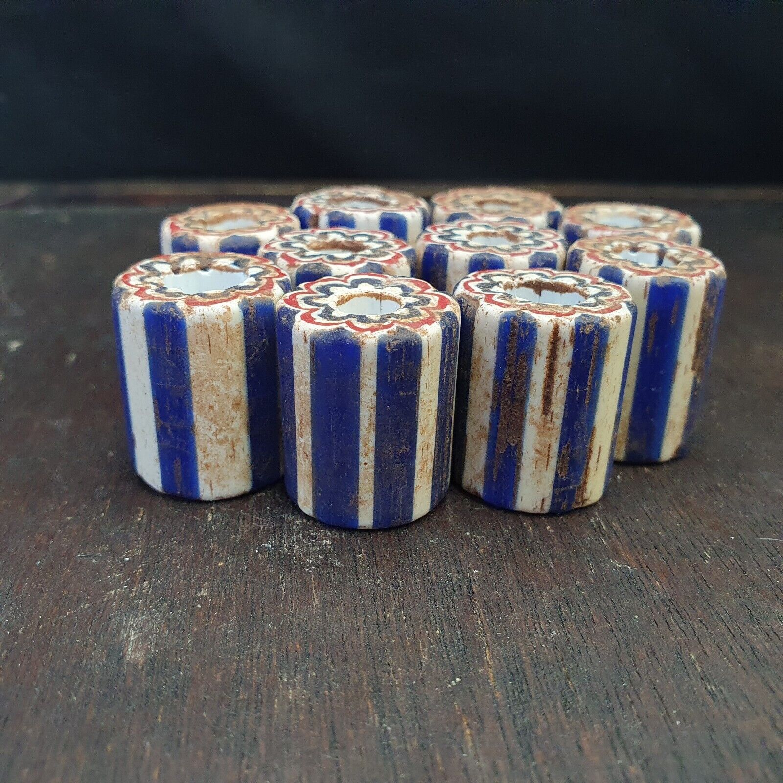 Antique Venetian Trade African Blue Glass Chevron Beads Lot 10 Beads