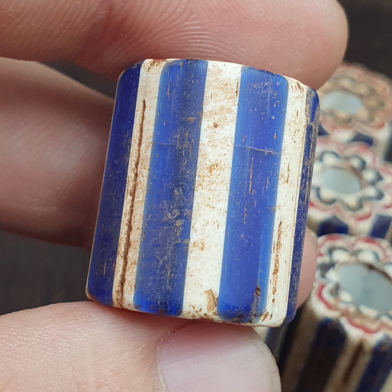 Antique Venetian Trade African Blue Glass Chevron Beads Lot 10 Beads