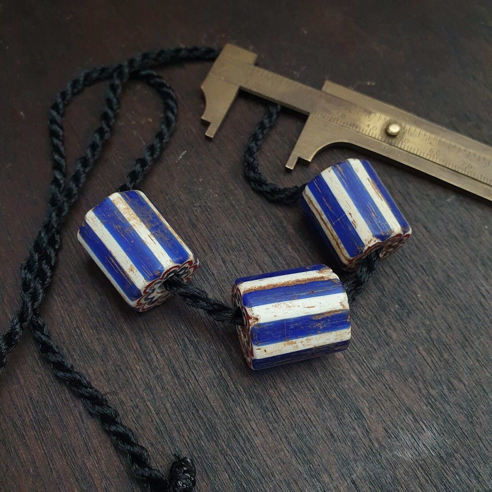 3 Beads Antique Venetian Trade African Blue Glass Chevron Beads big hole beads