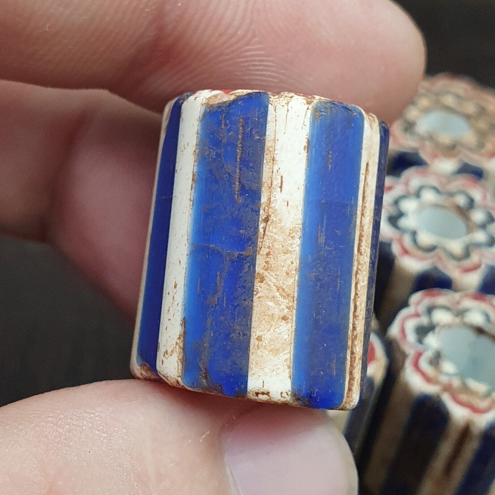 Antique Venetian Trade African Blue Glass Chevron Beads Lot 10 Beads