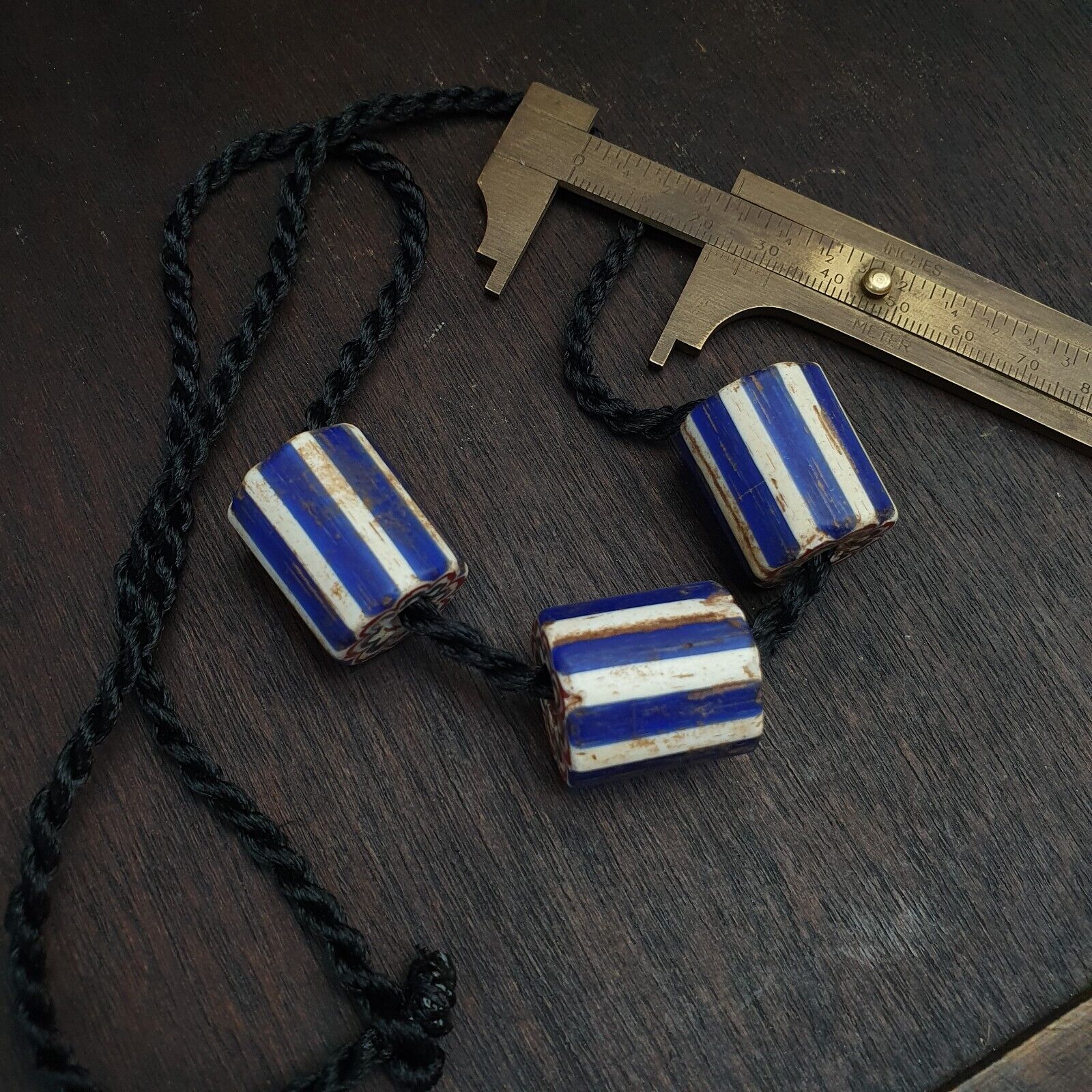3 Beads Antique Venetian Trade African Blue Glass Chevron Beads big hole beads