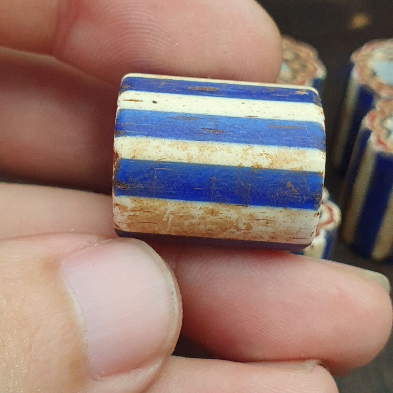 Antique Venetian Trade African Blue Glass Chevron Beads Lot 10 Beads