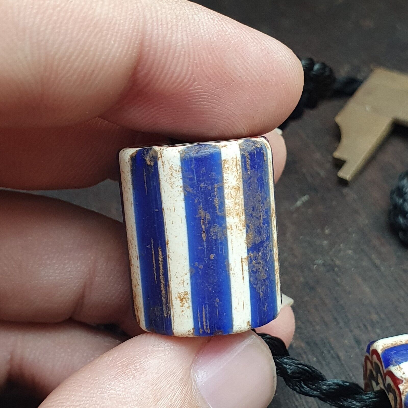 3 Beads Antique Venetian Trade African Blue Glass Chevron Beads big hole beads