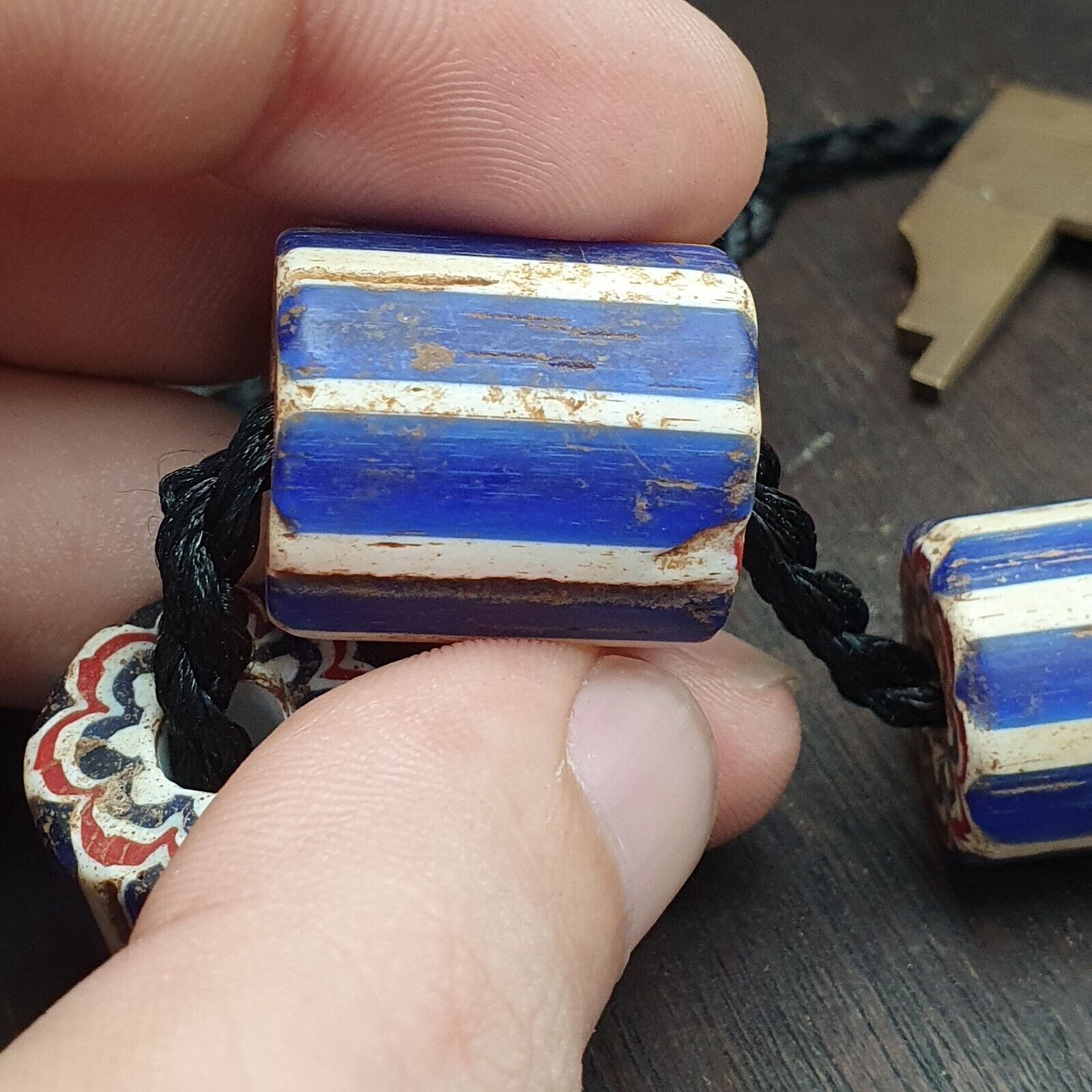 3 Beads Antique Venetian Trade African Blue Glass Chevron Beads big hole beads